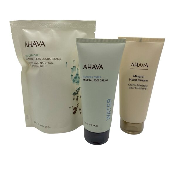 AHAVA Lot Israel Dead Sea Mineral Hand Cream, Foot Cream & Bath Salts Bundle - Picture 1 of 11